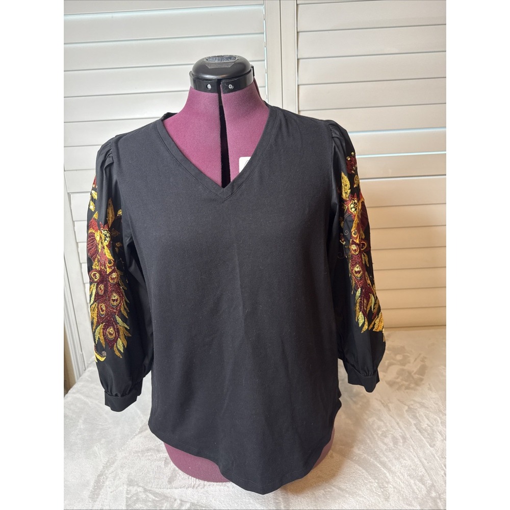 Chicos Women's Top Artsy Boho Embroidered Peacock Balloon Sleeve Size 1 / Medium